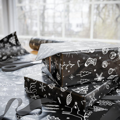 Black Christmas Doodle Gift Wrapping Papers - Custom Holiday Gift Wrap
