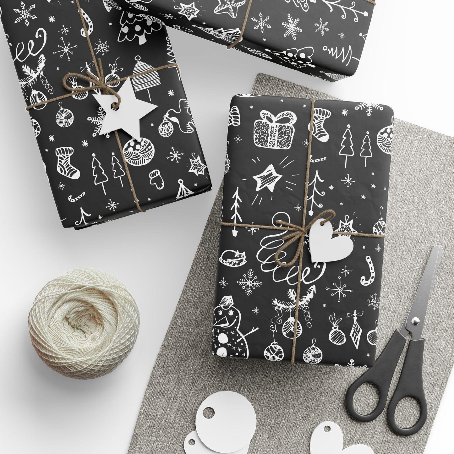 Black Christmas Doodle Gift Wrapping Papers - Custom Holiday Gift Wrap