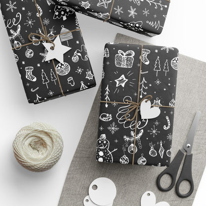 Black Christmas Doodle Gift Wrapping Papers - Custom Holiday Gift Wrap
