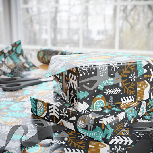 Folk Art Christmas Gift Wrapping Paper - Woodsy whimsical Animals - Folk Art Whimsy Gift Wrap