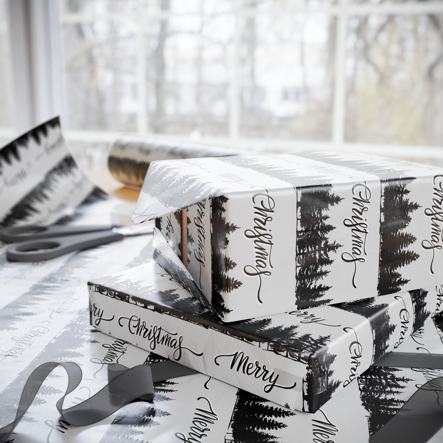 Black Tree Christmas  Gift Wrapping Papers - Retro Christmas Gift wrap - Masculine Classic Gift Wrap
