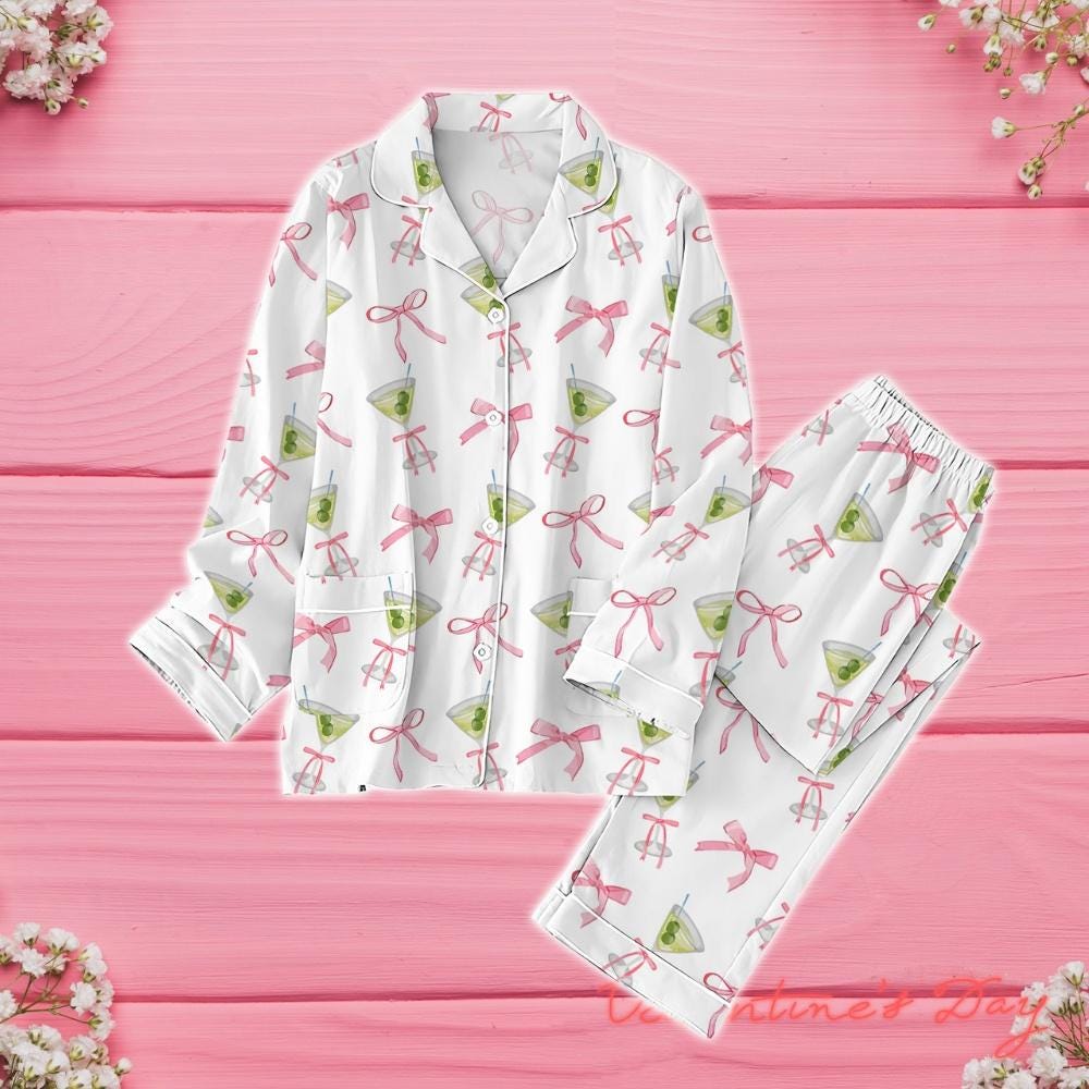 Cocktail Coquette Bow Pajamas Set, Martitni Gift Valentine Pajamas, Bachelorette Party Pajamas Shirt, Tini Time Pajamas, Gift For Her