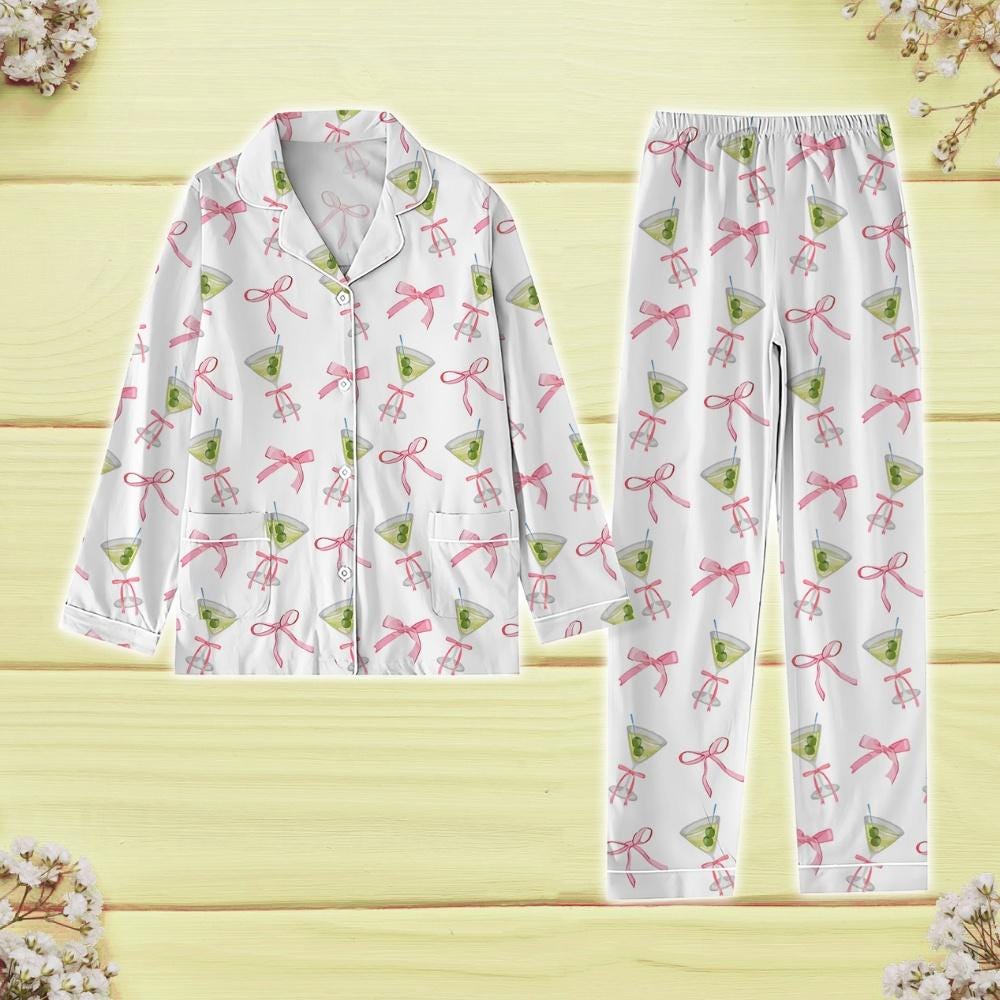 Cocktail Coquette Bow Pajamas Set, Martitni Gift Valentine Pajamas, Bachelorette Party Pajamas Shirt, Tini Time Pajamas, Gift For Her