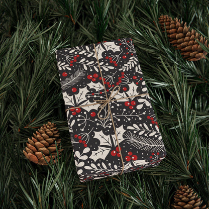 Unique Christmas Gift Wrap Papers -Black and white Holly Design -Vintage Gift Wrapping paper