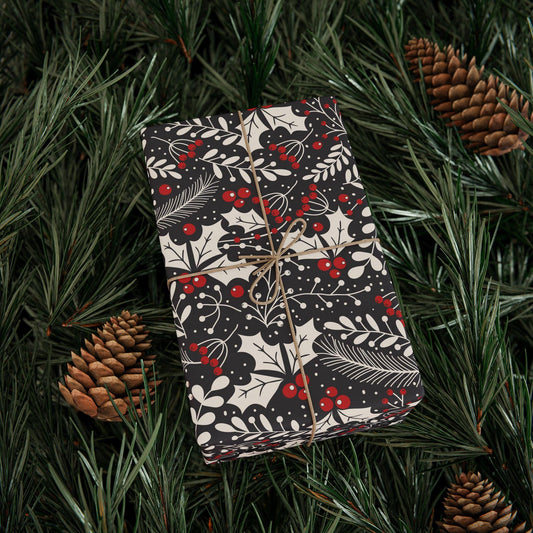 Unique Christmas Gift Wrap Papers -Black and white Holly Design -Vintage Gift Wrapping paper