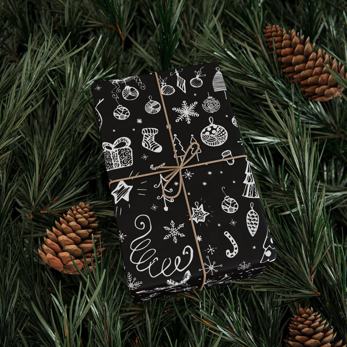 Black Christmas Doodle Gift Wrapping Papers - Custom Holiday Gift Wrap
