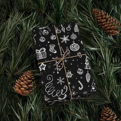 Black Christmas Doodle Gift Wrapping Papers - Custom Holiday Gift Wrap