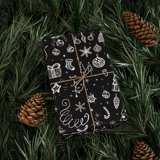 Black Christmas Doodle Gift Wrapping Papers - Custom Holiday Gift Wrap