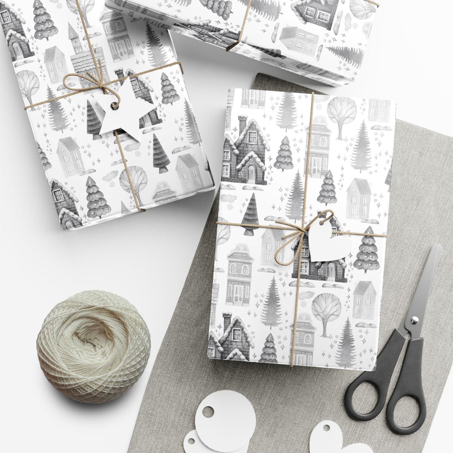 Grey Cottage Gift Wrap Papers - Retro Christmas Gift wrapping - Nostalgic Gift Wrapping paper