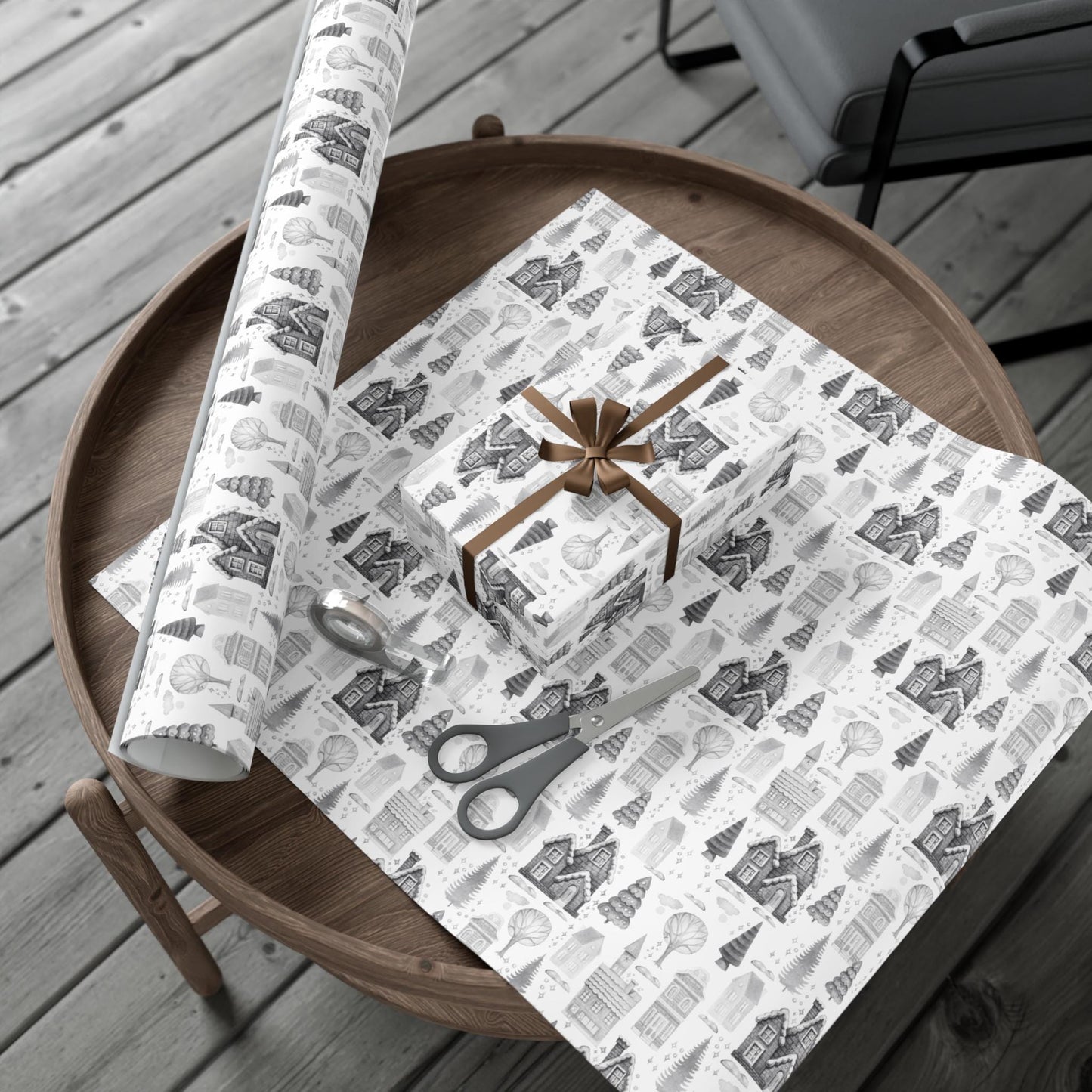 Grey Cottage Gift Wrap Papers - Retro Christmas Gift wrapping - Nostalgic Gift Wrapping paper