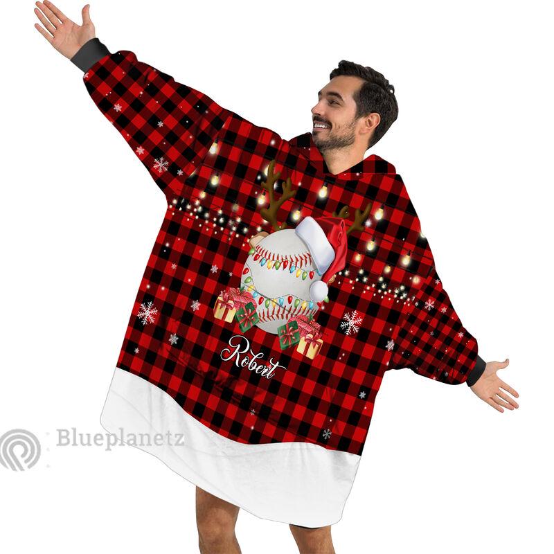 Custom Name Christmas Hoodies Blanket, Personalized Plaid Christmas Baseball Wearable Hoodie Blanket, Custom Christmas Oversized Blanket