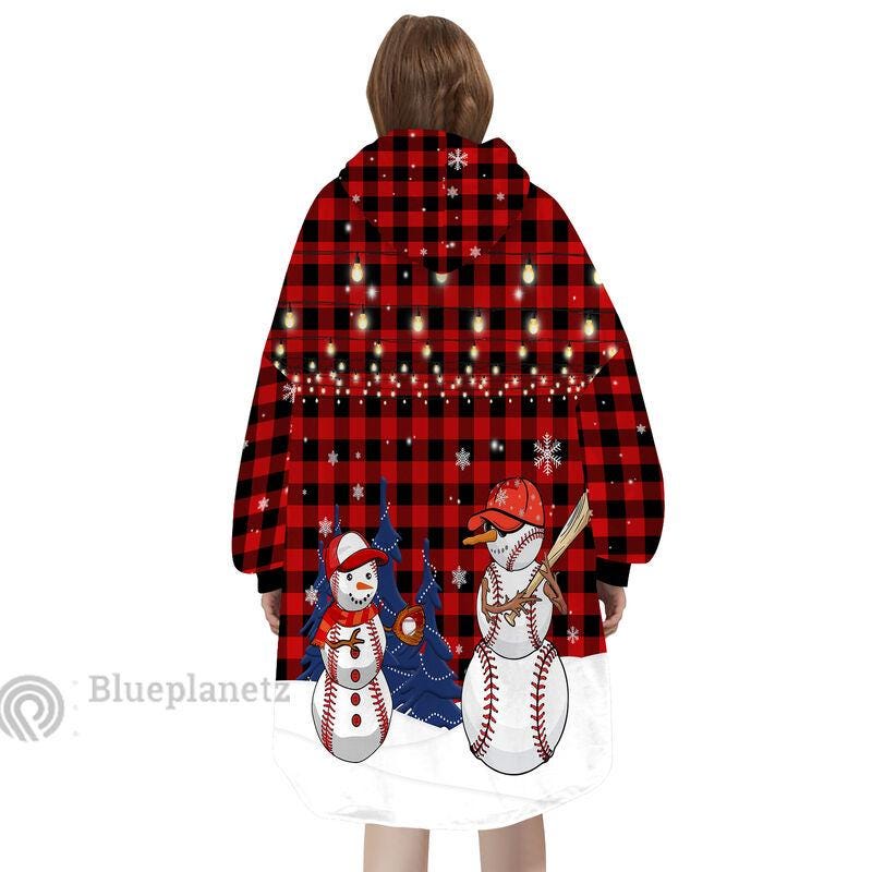 Custom Name Christmas Hoodies Blanket, Personalized Plaid Christmas Baseball Wearable Hoodie Blanket, Custom Christmas Oversized Blanket