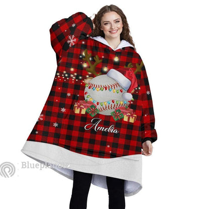 Custom Name Christmas Hoodies Blanket, Personalized Plaid Christmas Baseball Wearable Hoodie Blanket, Custom Christmas Oversized Blanket