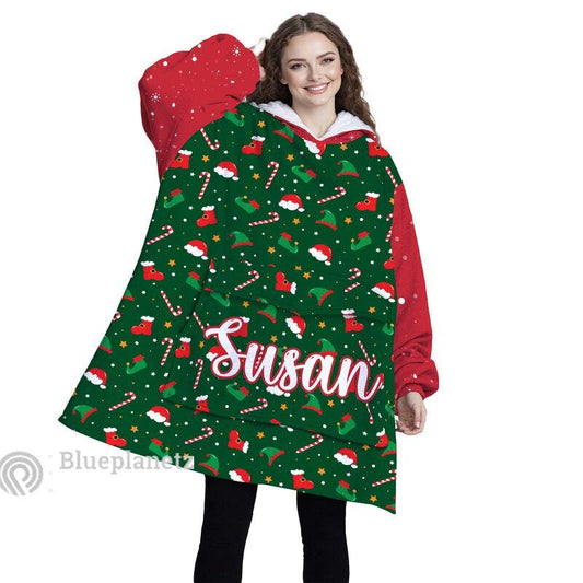 Custom Name Christmas Hoodies Blanket, Personalized Candy Cane Santa Hat Stocking Icons Wearable Hoodie Blanket, Christmas Oversized Blanket