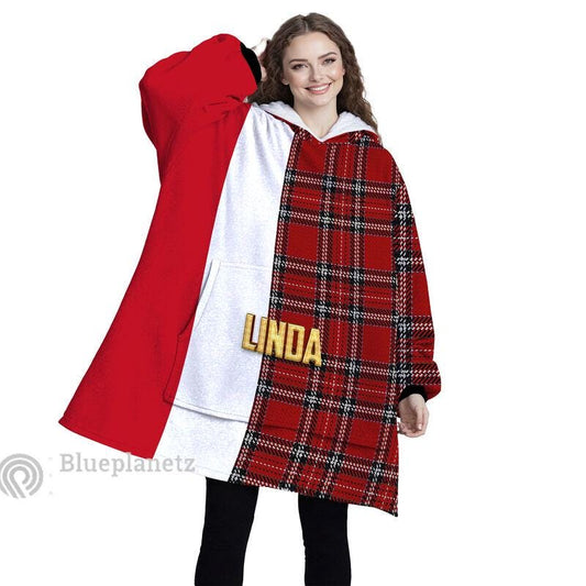 Custom Name Christmas Hoodies Blanket, Personalized Color Block Plaid Christmas Wearable Hoodie Blanket, Christmas Oversized Blanket, Gift
