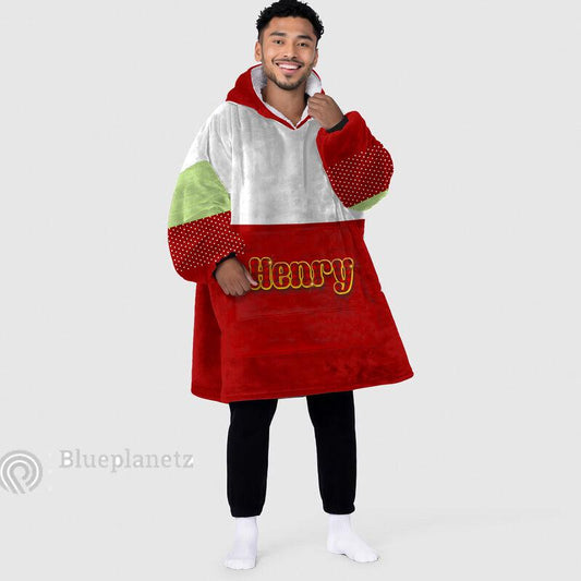 Custom Name Christmas Hoodies Blanket, Personalized Color Block Red Christmas Wearable Hoodie Blanket, Christmas Oversized Blanket, Gift