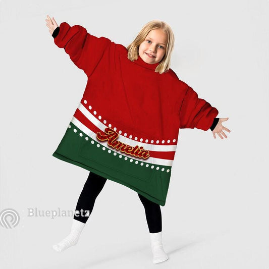 Custom Name Christmas Hoodies Blanket, Personalized Color Block Red Green Christmas Wearable Hoodie Blanket, Christmas Oversized Blanket