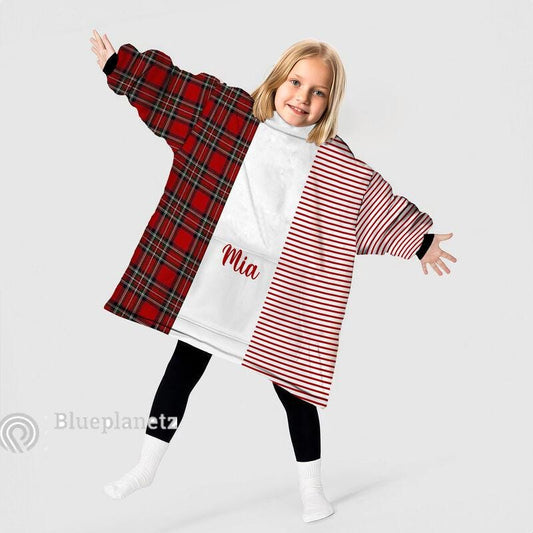 Custom Name Christmas Hoodies Blanket, Personalized Color Block Plaid Green Christmas Wearable Hoodie Blanket, Christmas Oversized Blanket