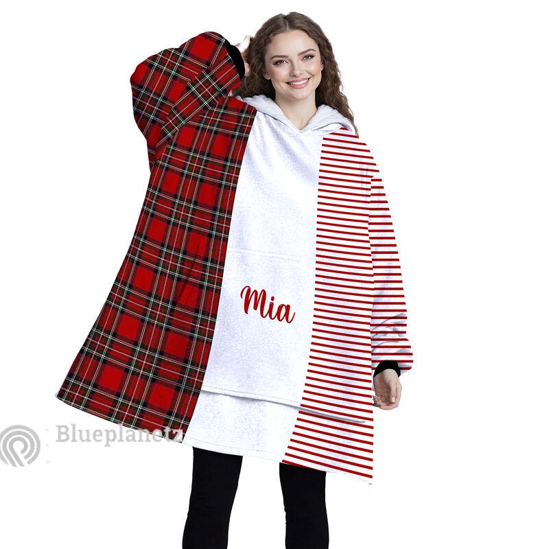 Custom Name Christmas Hoodies Blanket, Personalized Color Block Plaid Green Christmas Wearable Hoodie Blanket, Christmas Oversized Blanket