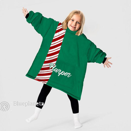Custom Name Christmas Hoodies Blanket, Personalized Color Block Candy Cane Green Christmas Wearable Hoodie Blanket, Oversized Blanket