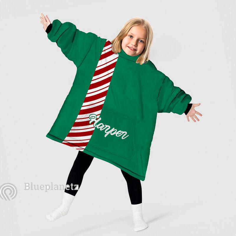Custom Name Christmas Hoodies Blanket, Personalized Color Block Candy Cane Green Christmas Wearable Hoodie Blanket, Oversized Blanket