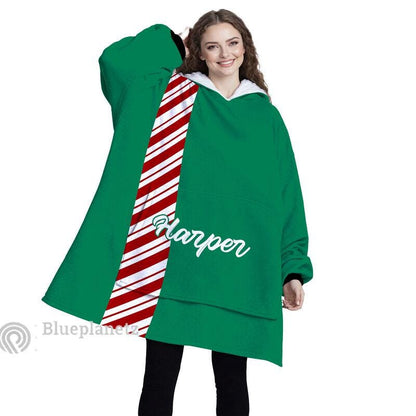 Custom Name Christmas Hoodies Blanket, Personalized Color Block Candy Cane Green Christmas Wearable Hoodie Blanket, Oversized Blanket