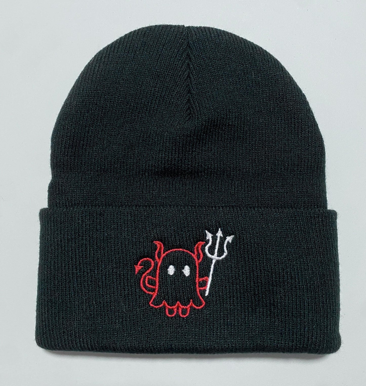 Embroidered Cute Ghost Devil w Pitchfork Beanie, Gift for Halloween, Spooky Casual Halloween Winter Wear, Simple Cute Winter Hat