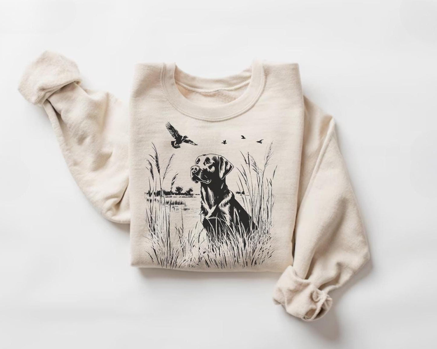 Black Labrador Retriever Nature Scene Sweatshirt, Retro Lab Sweater, Dog lover gift, Outdoor Nature Graphic, Unisex Duck Hunting Pullover