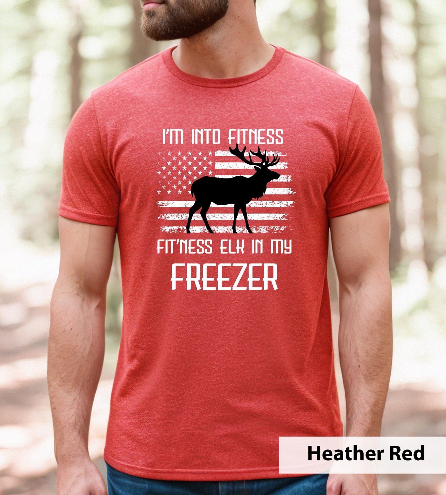 Funny Elk Hunting Dad Tee - American Flag Outdoorsman Gift | Hunting Gift for Hunter Husband | Elk in my Freezer | Hunting Shirt for Man