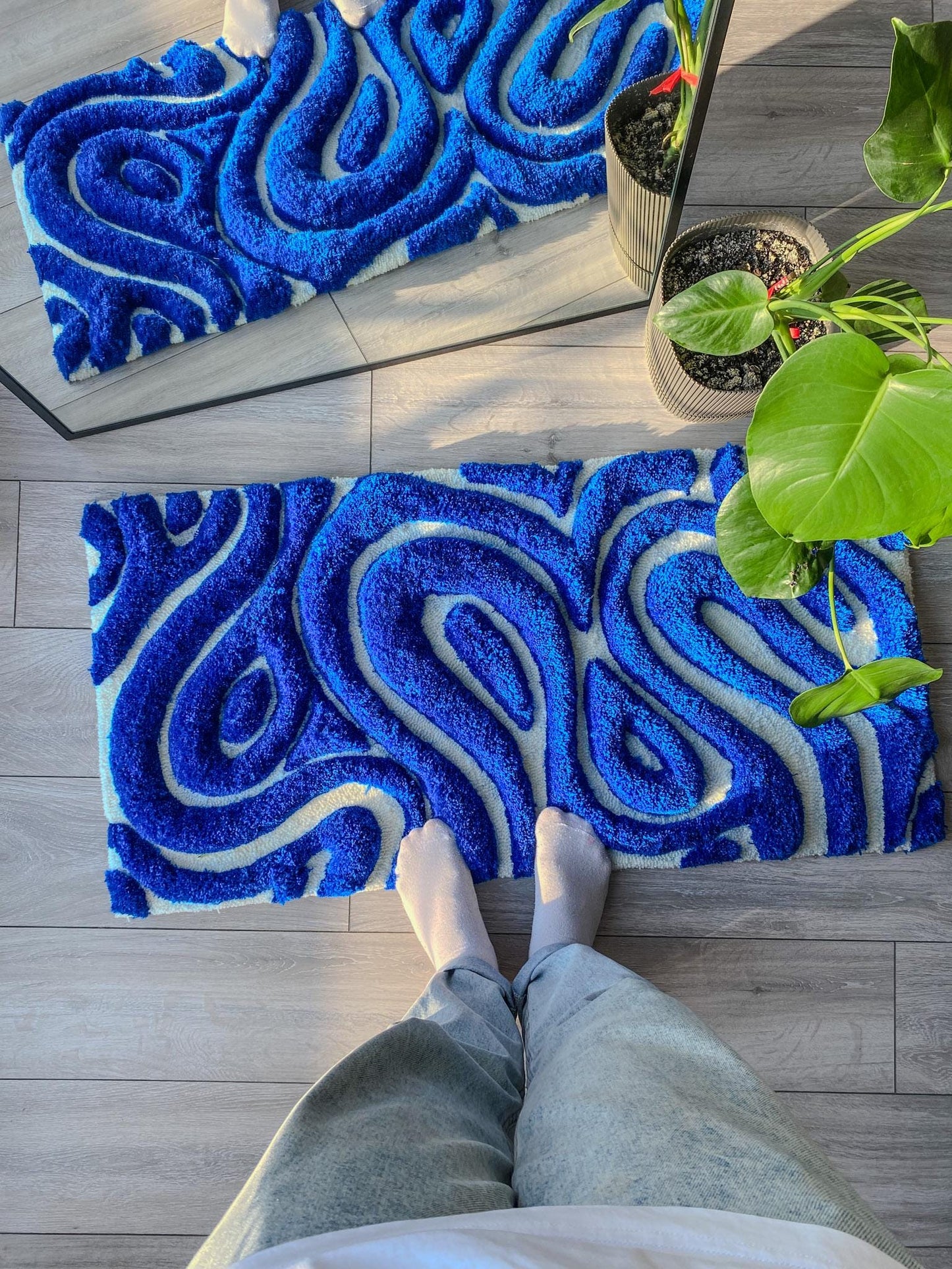 3D Navy Blue & White Abstract Tufted Rug Unique Abstract Art Rug Contemporary Home Decor, Handcrafted Area Rug, Textured Floor Rug