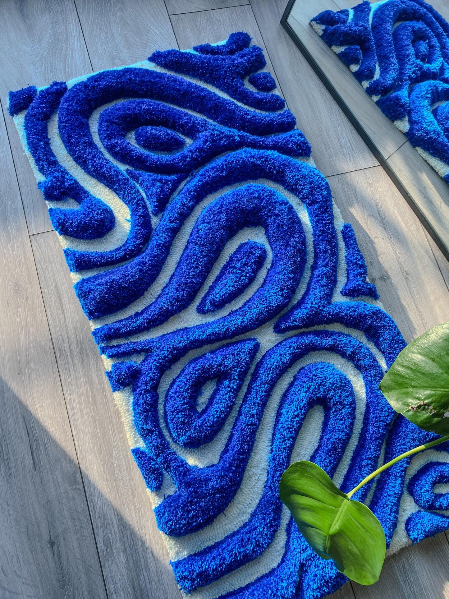 3D Navy Blue & White Abstract Tufted Rug Unique Abstract Art Rug Contemporary Home Decor, Handcrafted Area Rug, Textured Floor Rug