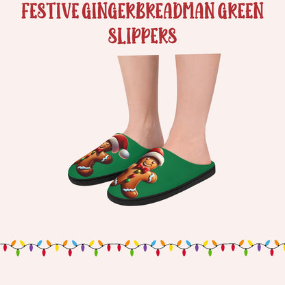 Christmas GingerbreadMan Green Women's Indoor Slippers FestiveHoliday Red SantaHat Design Comfy HouseShoes Gift-Christmas-giftful CozyGift