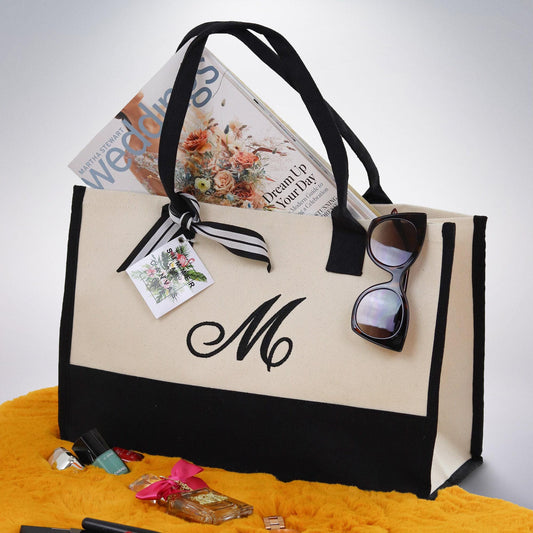 Personalized Monogram Embroidery Cotton Canvas Beach Tote Bag Initial Tote Bridesmaid Gift Tote Custom Beach Bag Gift for Her A-Z - Black