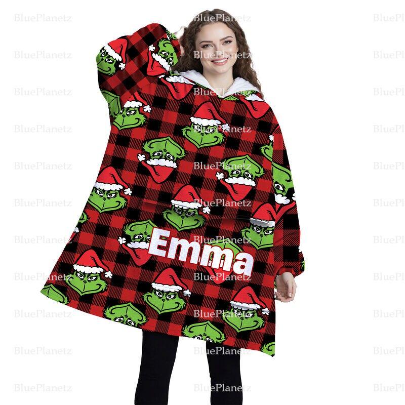 Custom Name Christmas Hoodies Blanket, Personalized Christmas Red Plaid Grinchmas Wearable Hoodie Blanket, Oversized Blanket, Christmas Gift