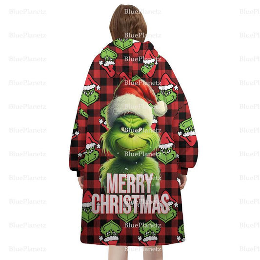 Custom Name Christmas Hoodies Blanket, Personalized Christmas Red Plaid Grinchmas Wearable Hoodie Blanket, Oversized Blanket, Christmas Gift