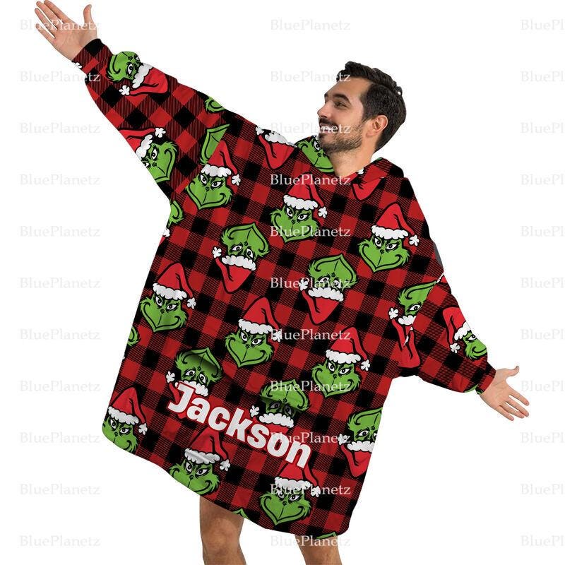 Custom Name Christmas Hoodies Blanket, Personalized Christmas Red Plaid Grinchmas Wearable Hoodie Blanket, Oversized Blanket, Christmas Gift