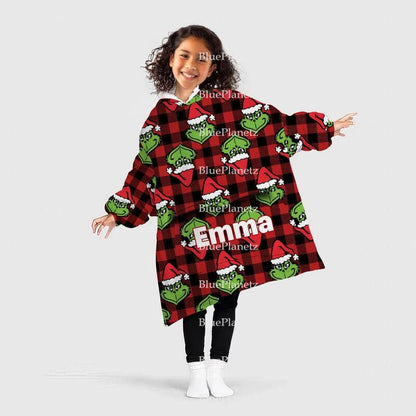 Custom Name Christmas Hoodies Blanket, Personalized Christmas Red Plaid Grinchmas Wearable Hoodie Blanket, Oversized Blanket, Christmas Gift