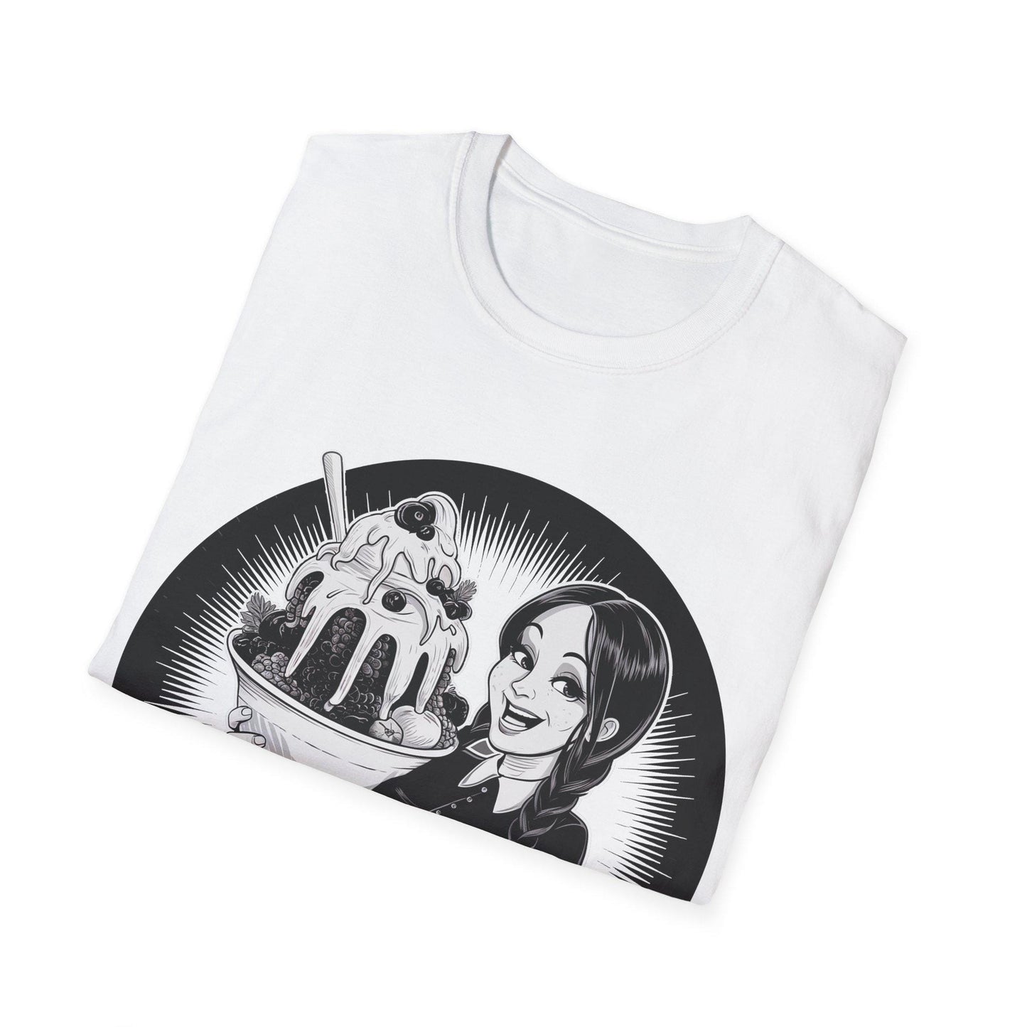 Retro icecream vendor T-shirt, ideal gift for Wednesdays child, Americana design style, cool monochrome image, birthday gift for Wednesdays