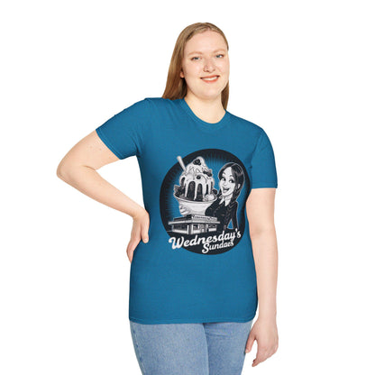 Retro icecream vendor T-shirt, ideal gift for Wednesdays child, Americana design style, cool monochrome image, birthday gift for Wednesdays