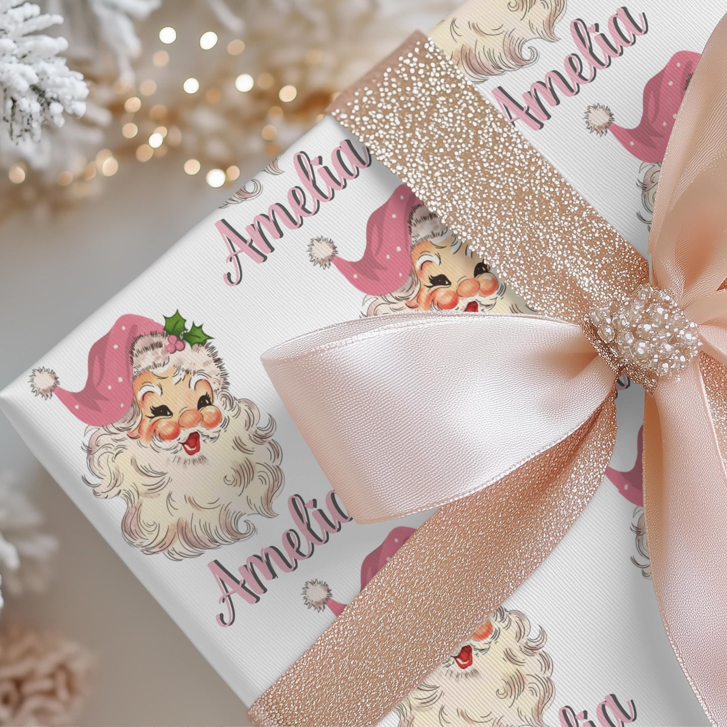 Girls Pink Personalized Santa Gift Wrap Papers -  Customized Kids Christmas Gift wrapping - Santa Claus Custom Name  Wrapping paper