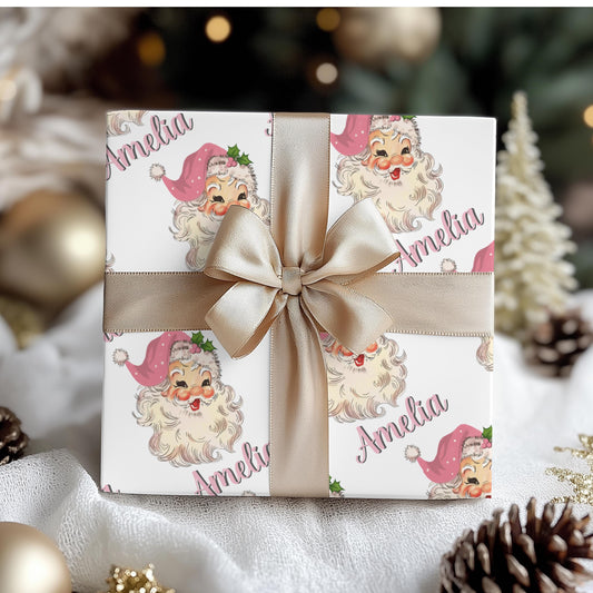 Girls Pink Personalized Santa Gift Wrap Papers -  Customized Kids Christmas Gift wrapping - Santa Claus Custom Name  Wrapping paper