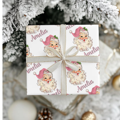 Girls Pink Personalized Santa Gift Wrap Papers -  Customized Kids Christmas Gift wrapping - Santa Claus Custom Name  Wrapping paper