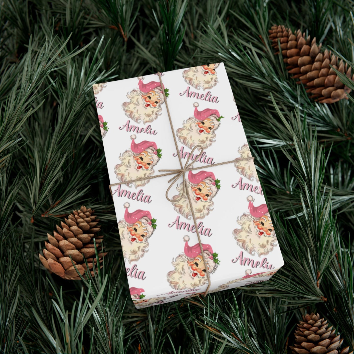 Girls Pink Personalized Santa Gift Wrap Papers -  Customized Kids Christmas Gift wrapping - Santa Claus Custom Name  Wrapping paper