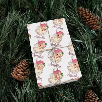 Girls Pink Personalized Santa Gift Wrap Papers -  Customized Kids Christmas Gift wrapping - Santa Claus Custom Name  Wrapping paper