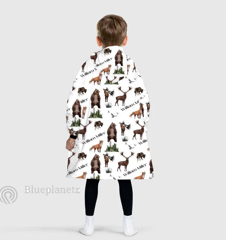 Custom Name Hoodies Blanket, Personalized Woodland Animals Wearable Hoodie Blanket, Oversized Blanket, Christmas Gift