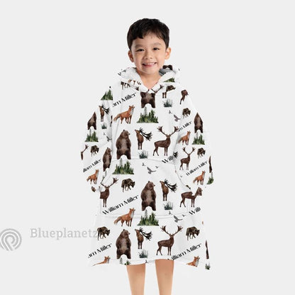 Custom Name Hoodies Blanket, Personalized Woodland Animals Wearable Hoodie Blanket, Oversized Blanket, Christmas Gift