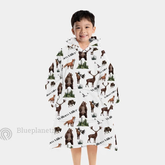 Custom Name Hoodies Blanket, Personalized Woodland Animals Wearable Hoodie Blanket, Oversized Blanket, Christmas Gift