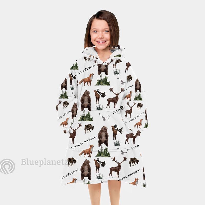 Custom Name Hoodies Blanket, Personalized Woodland Animals Wearable Hoodie Blanket, Oversized Blanket, Christmas Gift