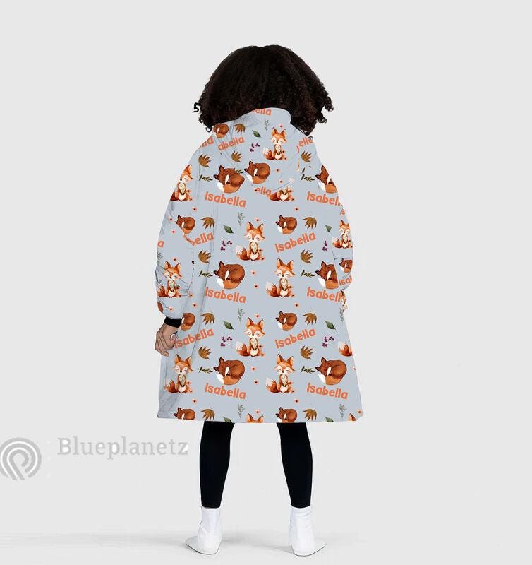 Custom Name Hoodies Blanket, Personalized Brown Fox Wearable Hoodie Blanket, Oversized Blanket, Christmas Gift
