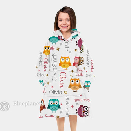 Custom Name Hoodies Blanket, Personalized Owl Wearable Hoodie Blanket, Oversized Blanket, Christmas Gift